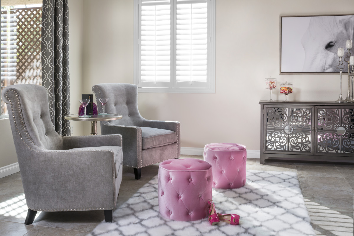 Clearwater pink living room with shutters